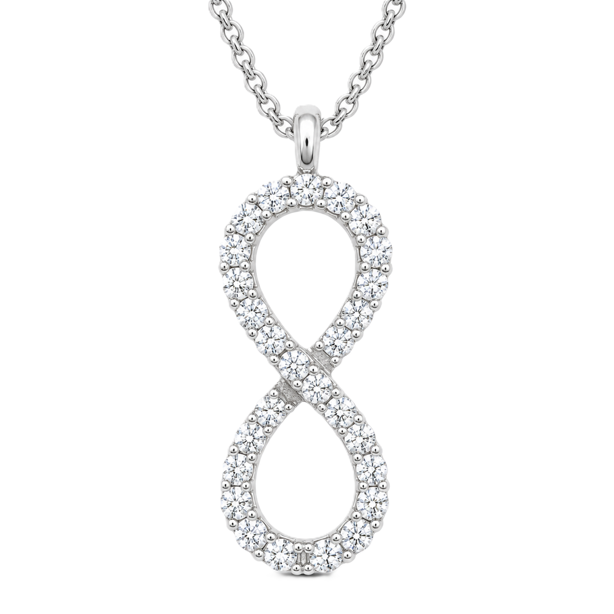 Timeless Moissanite infinity pendant in 925 silver with pavé sparkle. Includes chain, white gold-plated, hypoallergenic, and elegant. Available at BSI Jewelry.