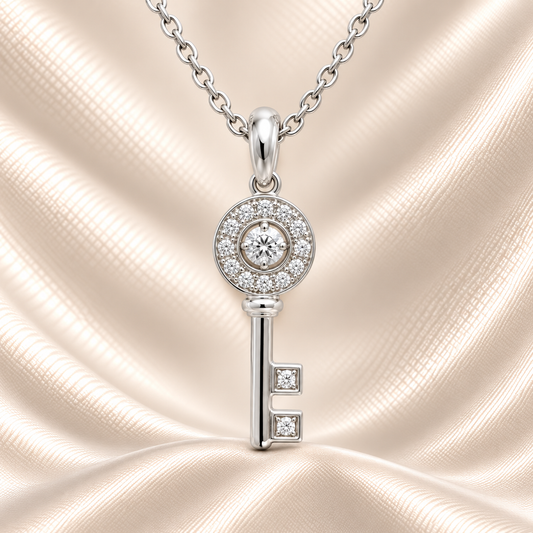 Elegant Moissanite key pendant in 925 silver, symbolizing love and new beginnings. Hypoallergenic, radiant, and timeless. Available now at BSI Jewelry.