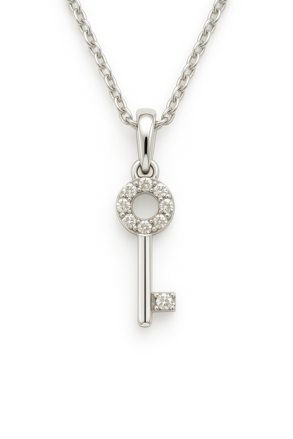 Charming Moissanite key pendant in 925 silver with pavé brilliance. Timeless design symbolizing love, luck, and new beginnings. Available now at BSI Jewelry.