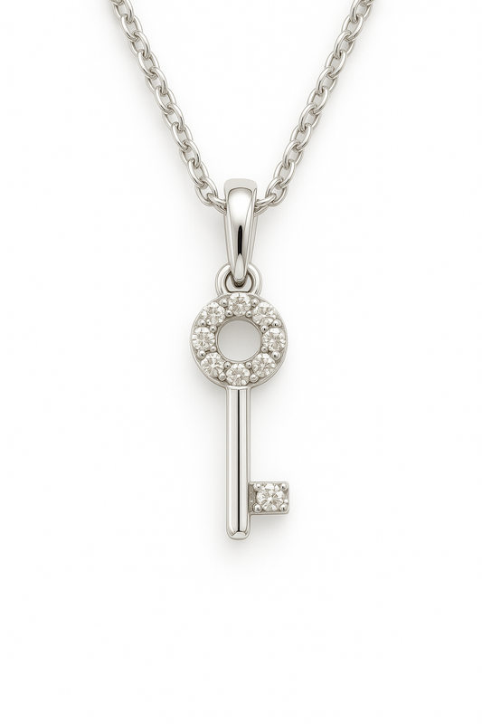 Charming Moissanite key pendant in 925 silver with pavé brilliance. Timeless design symbolizing love, luck, and new beginnings. Available now at BSI Jewelry.