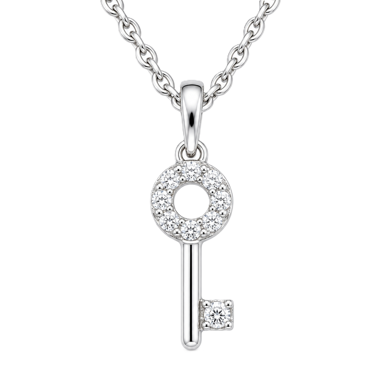 Charming Moissanite key pendant in 925 silver with pavé brilliance. Timeless design symbolizing love, luck, and new beginnings. Available now at BSI Jewelry.