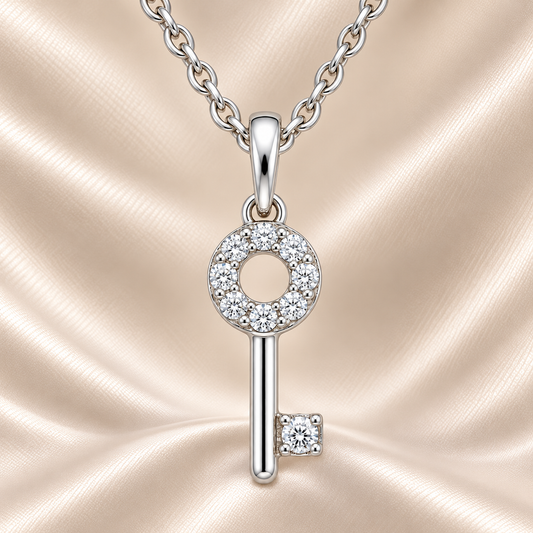Charming Moissanite key pendant in 925 silver with pavé brilliance. Timeless design symbolizing love, luck, and new beginnings. Available now at BSI Jewelry.