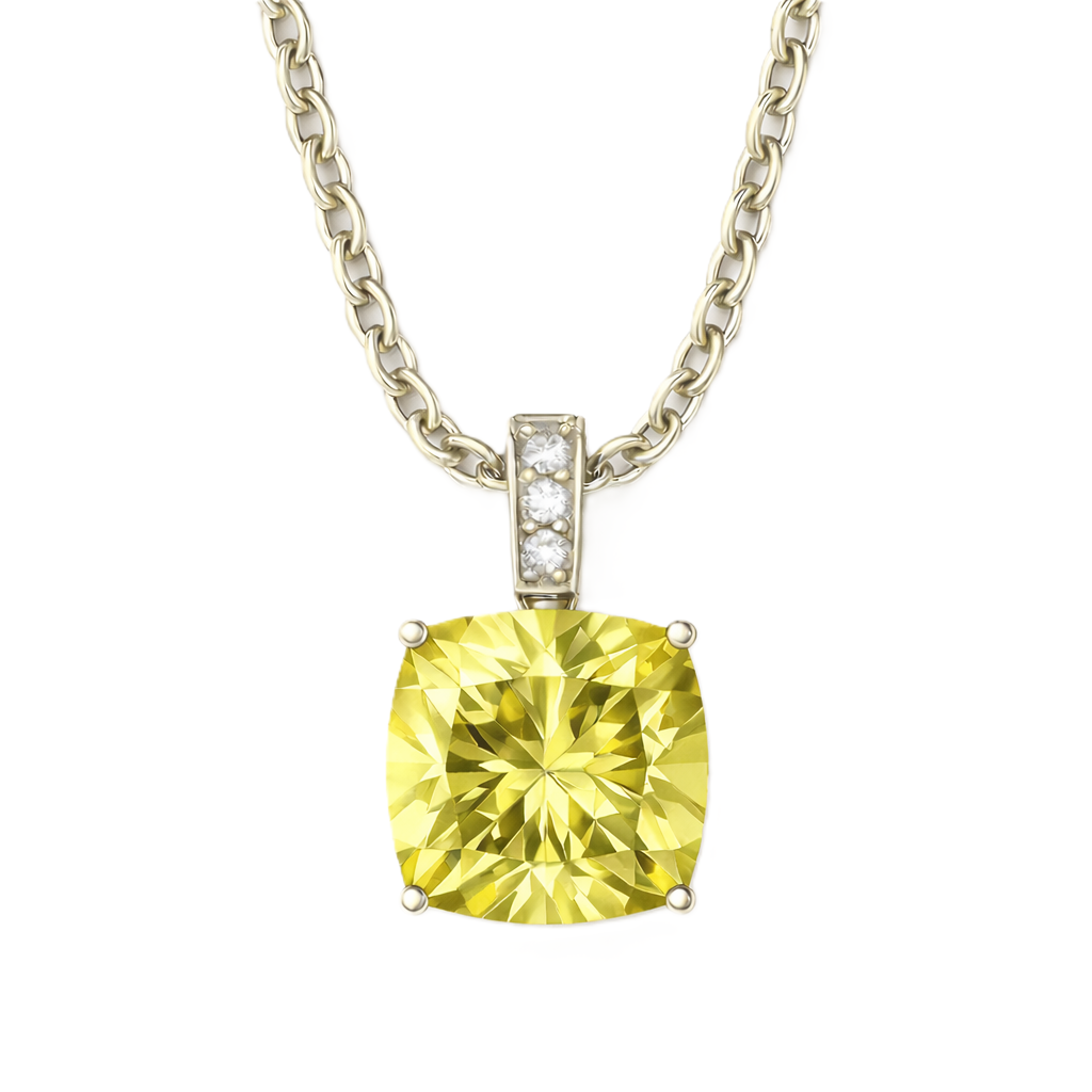 Moissanite and lemon quartz pendant with a 6 mm cushion-cut gemstone in white gold-plated 925 silver. Bright and elegant. Available now at BSI Jewelry.