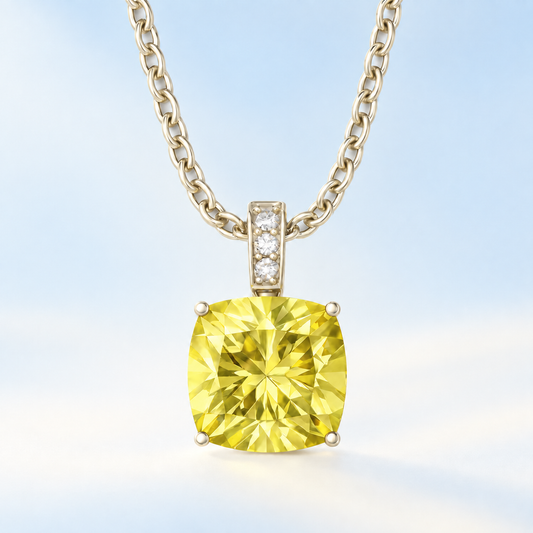Moissanite and lemon quartz pendant with a 6 mm cushion-cut gemstone in white gold-plated 925 silver. Bright and elegant. Available now at BSI Jewelry.
