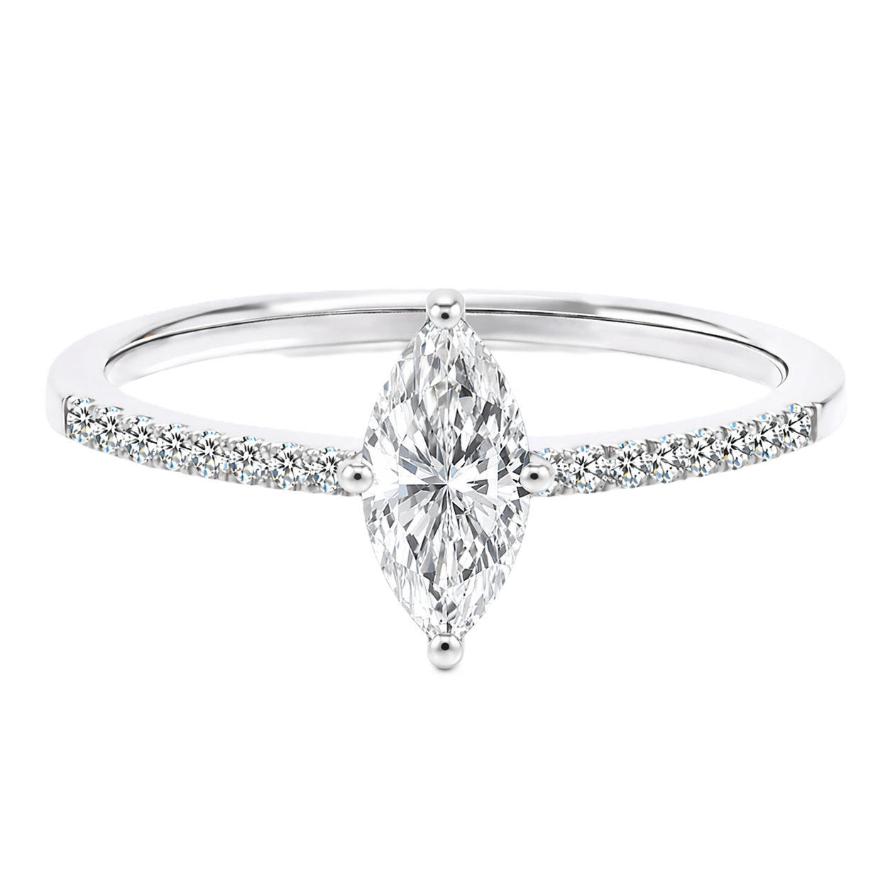 Moissanite marquise ring with an 8×4 mm marquise-cut, accented by moissanite in white gold-plated 925 silver. Elegant and refined. Available now at BSI Jewelry.
