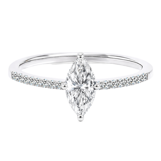 Moissanite marquise ring with an 8×4 mm marquise-cut, accented by moissanite in white gold-plated 925 silver. Elegant and refined. Available now at BSI Jewelry.