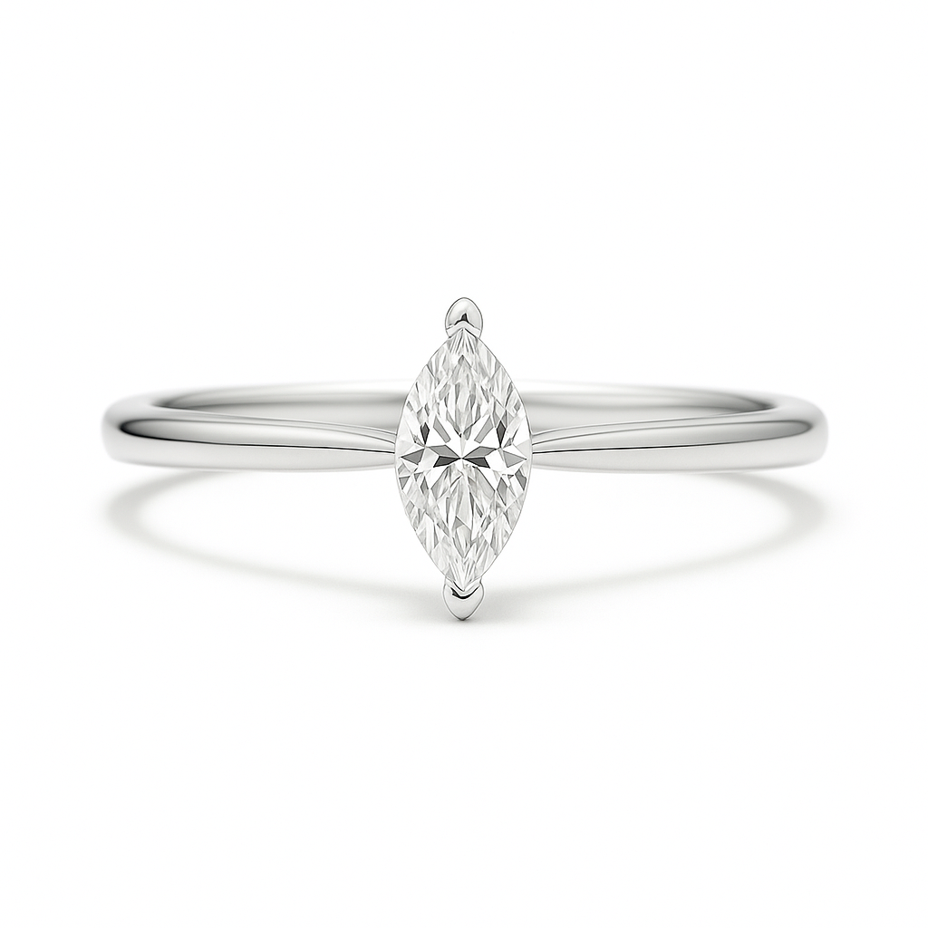 6x3mm marquise Moissanite solitaire in white gold-plated 925 silver with palladium alloy—elegant, radiant, and hypoallergenic. Available now at BSI Jewelry.