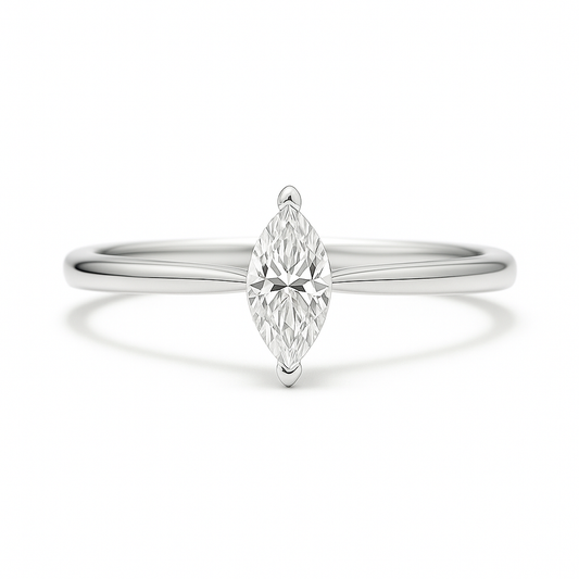 6x3mm marquise Moissanite solitaire in white gold-plated 925 silver with palladium alloy—elegant, radiant, and hypoallergenic. Available now at BSI Jewelry.