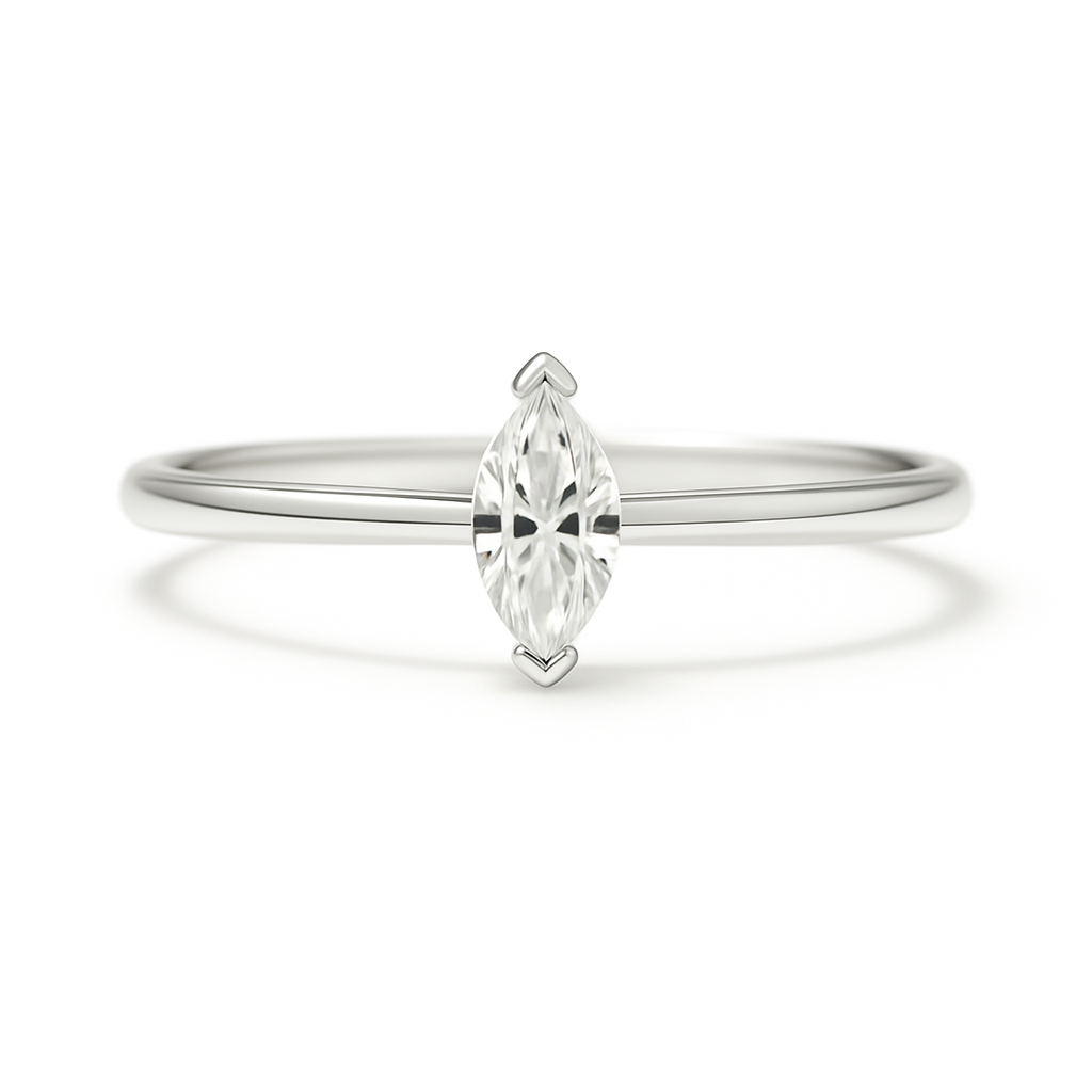 Elegant Moissanite marquise ring with 6×3 mm cut stone in white gold-plated 925 silver. Radiant sparkle and hypoallergenic comfort. Available at BSI Jewelry.