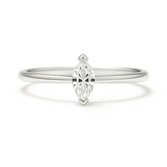 Elegant Moissanite marquise ring with 6×3 mm cut stone in white gold-plated 925 silver. Radiant sparkle and hypoallergenic comfort. Available at BSI Jewelry.