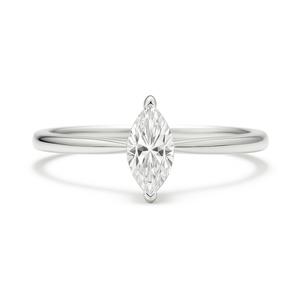 7x3.5mm marquise Moissanite solitaire in white gold-plated 925 silver with palladium alloy—elegant, radiant, and hypoallergenic. Available now at BSI Jewelry.