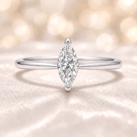7x3.5mm marquise Moissanite solitaire in white gold-plated 925 silver with palladium alloy—elegant, radiant, and hypoallergenic. Available now at BSI Jewelry.
