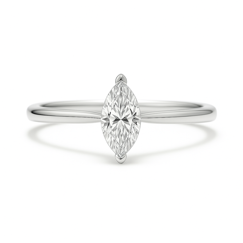 8x4mm marquise Moissanite solitaire in white gold-plated 925 silver with palladium alloy—elegant, radiant, and hypoallergenic. Available now at BSI Jewelry.