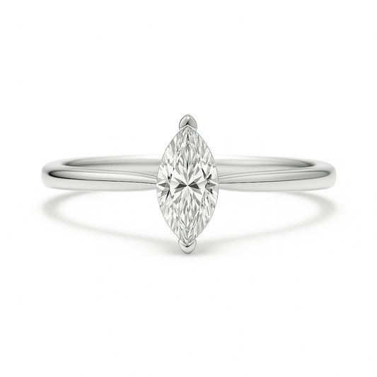 8x4mm marquise Moissanite solitaire in white gold-plated 925 silver with palladium alloy—elegant, radiant, and hypoallergenic. Available now at BSI Jewelry.
