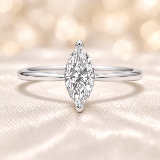 8x4mm marquise Moissanite solitaire in white gold-plated 925 silver with palladium alloy—elegant, radiant, and hypoallergenic. Available now at BSI Jewelry.