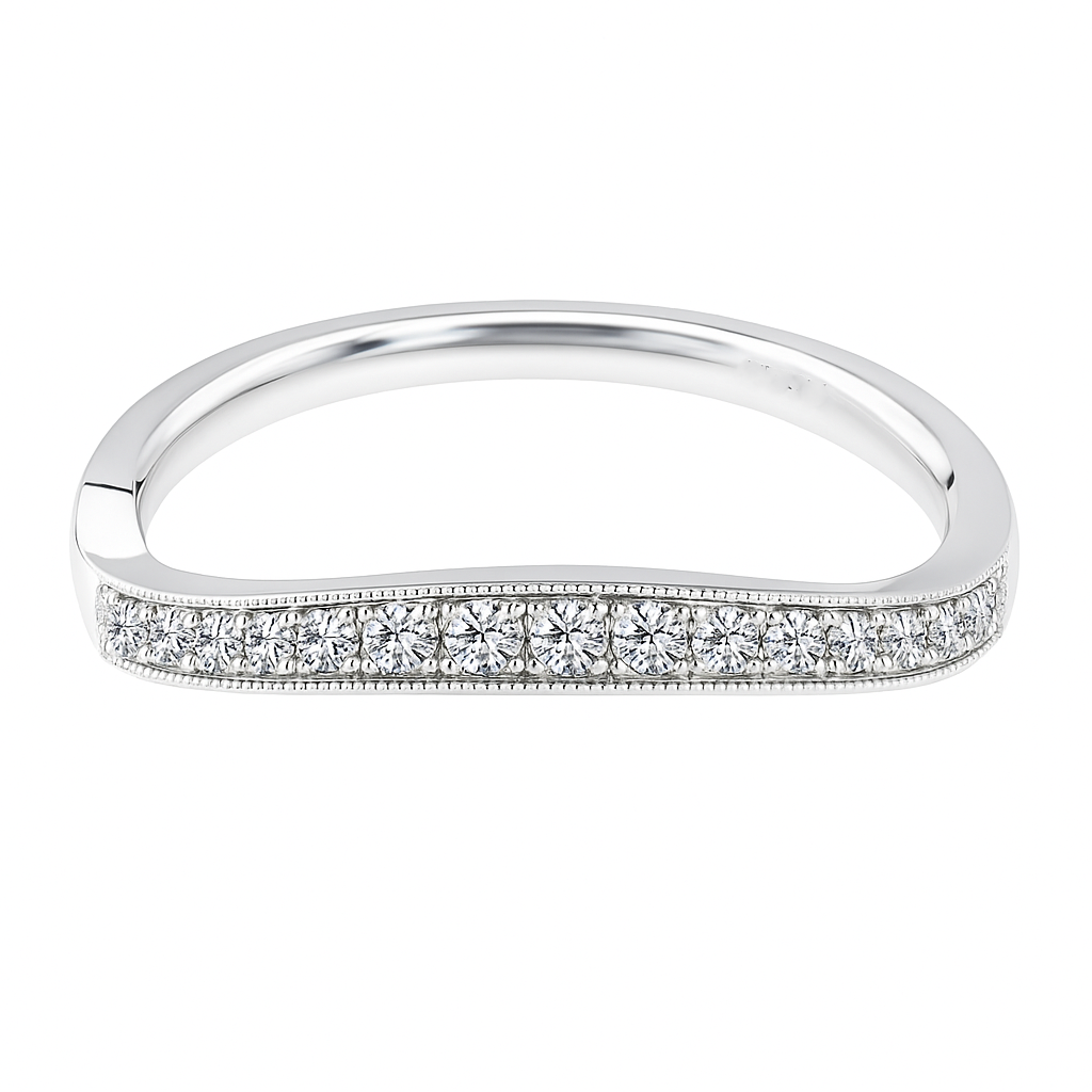 Vintage-inspired Moissanite curved wedding band in 925 silver with milgrain detail. Finely crafted, hypoallergenic, and timelessly elegant. Now at BSI Jewelry.