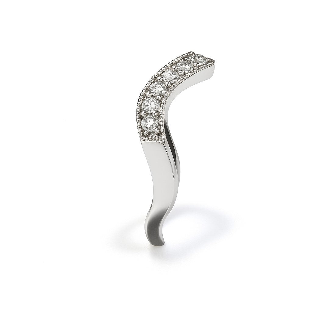 Elegant Moissanite wave ring in white gold-plated 925 silver, featuring pavé brilliance and fine milgrain detail. Hypoallergenic. Available now at BSI Jewelry.
