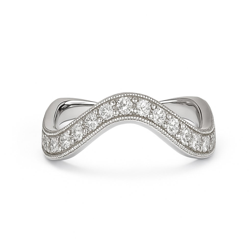 Elegant Moissanite wave ring in white gold-plated 925 silver, featuring pavé brilliance and fine milgrain detail. Hypoallergenic. Available now at BSI Jewelry.