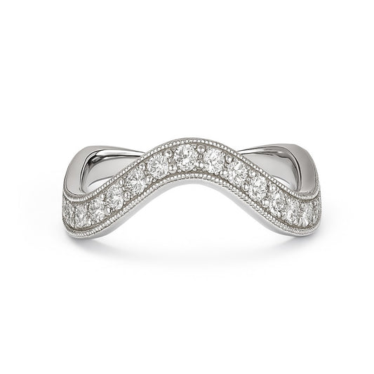 Elegant Moissanite wave ring in white gold-plated 925 silver, featuring pavé brilliance and fine milgrain detail. Hypoallergenic. Available now at BSI Jewelry.