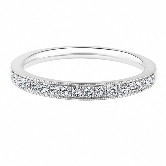 Classic Moissanite wedding band in 925 silver with brilliance and milgrain detail. Finely crafted, hypoallergenic, and timelessly elegant. Now at BSI Jewelry.