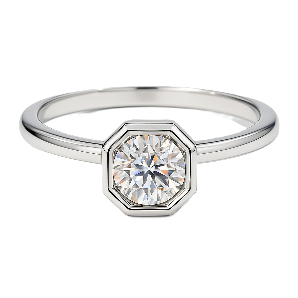 Moissanite octagon solitaire ring with 3 mm round stone, crafted in white-gold-plated 925 silver. Timeless sparkle and elegance. Available now at BSI Jewelry.