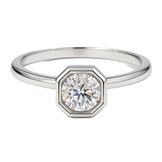 Moissanite octagon solitaire ring with 3 mm round stone, crafted in white-gold-plated 925 silver. Timeless sparkle and elegance. Available now at BSI Jewelry.
