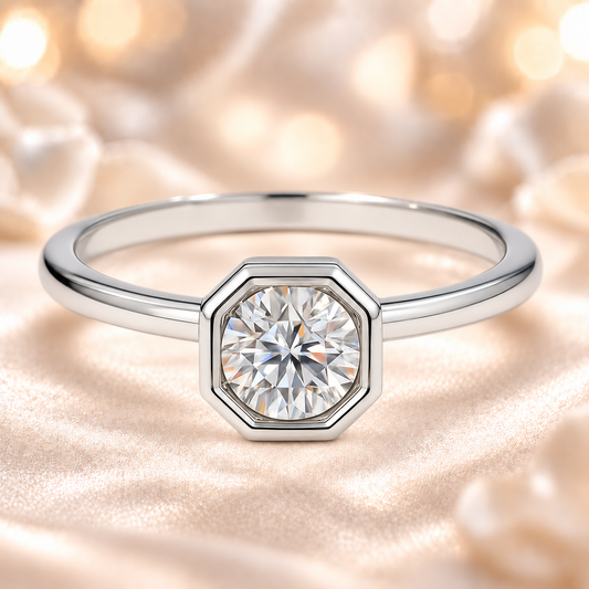 Moissanite octagon solitaire ring with 3 mm round stone, crafted in white-gold-plated 925 silver. Timeless sparkle and elegance. Available now at BSI Jewelry.