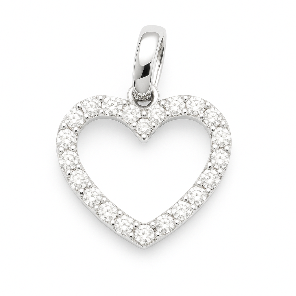 Romantic Moissanite heart pendant in 925 silver with pavé sparkle. Hypoallergenic and finely crafted for timeless elegance and charm. Available at BSI Jewelry.