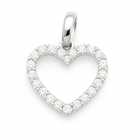 Romantic Moissanite heart pendant in 925 silver with pavé sparkle. Hypoallergenic and finely crafted for timeless elegance and charm. Available at BSI Jewelry.