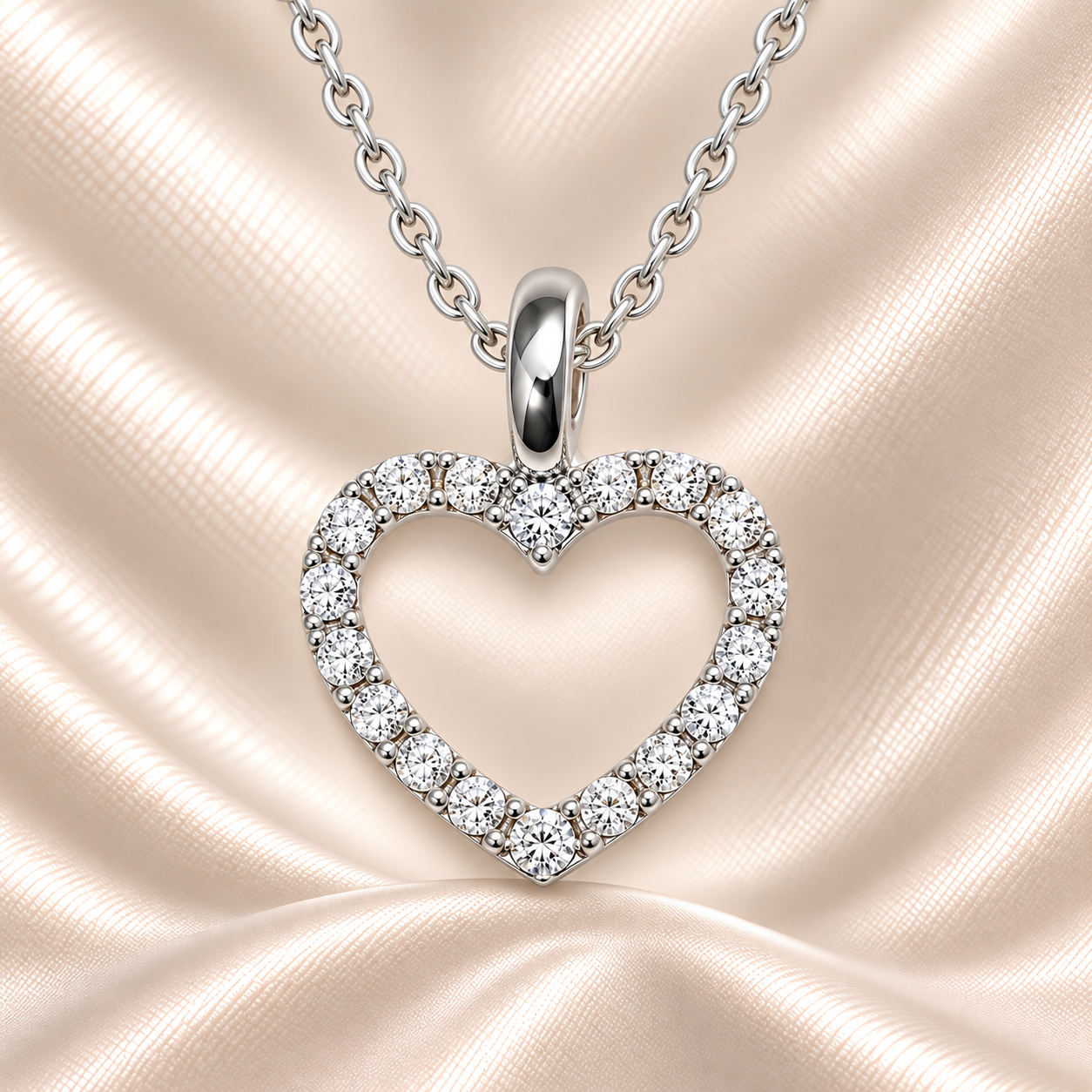 Romantic Moissanite heart pendant in 925 silver with pavé sparkle. Hypoallergenic and finely crafted for timeless elegance and charm. Available at BSI Jewelry.