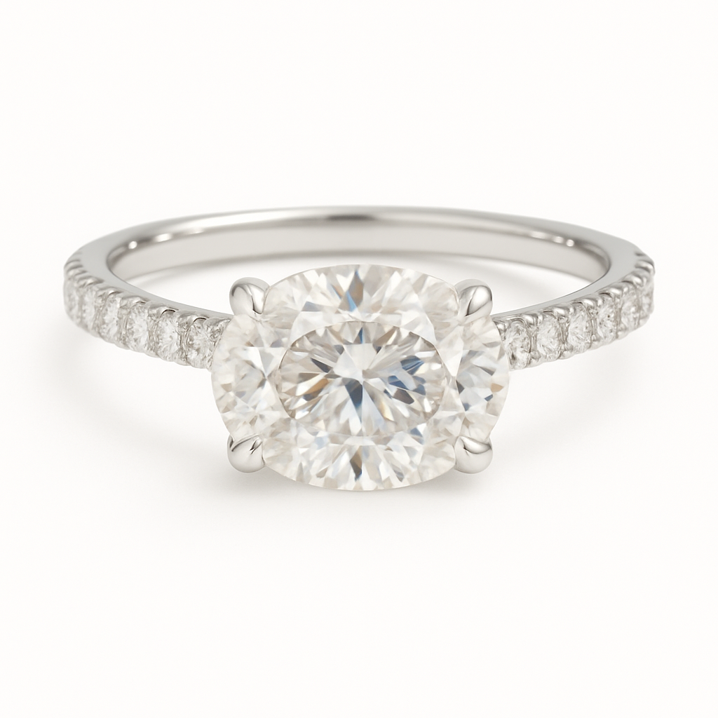 Timeless Moissanite oval-cut engagement ring in white-gold-plated 925 silver, featuring a 7×5mm center with pavé band for radiant brilliance. Now at BSI Jewelry.