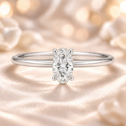 5×3 mm oval-cut Moissanite solitaire in white gold-plated 925 silver with palladium alloy—elegant, brilliant, and hypoallergenic. Available now at BSI Jewelry.