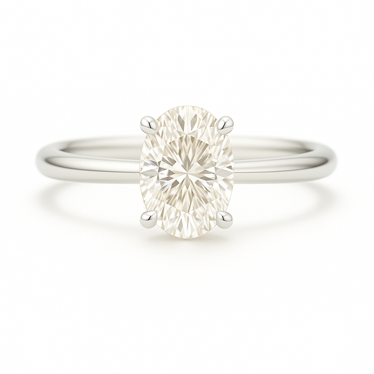 6×4 mm oval-cut Moissanite solitaire in white gold-plated 925 silver with palladium alloy—elegant, brilliant, and hypoallergenic. Available now at BSI Jewelry.