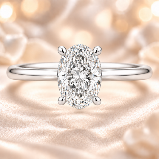 6×4 mm oval-cut Moissanite solitaire in white gold-plated 925 silver with palladium alloy—elegant, brilliant, and hypoallergenic. Available now at BSI Jewelry.