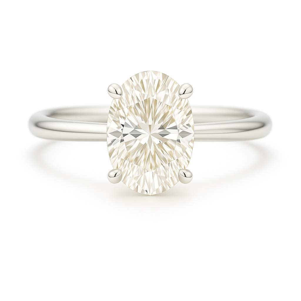7×5 mm oval-cut Moissanite solitaire in white gold-plated 925 silver with palladium alloy—elegant, brilliant, and hypoallergenic. Available now at BSI Jewelry.