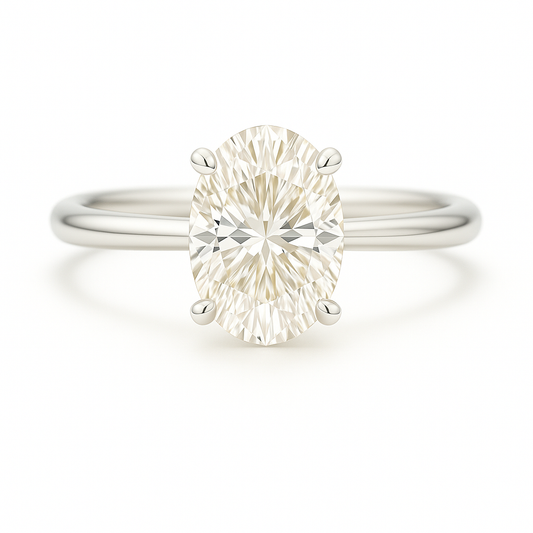 7×5 mm oval-cut Moissanite solitaire in white gold-plated 925 silver with palladium alloy—elegant, brilliant, and hypoallergenic. Available now at BSI Jewelry.