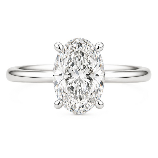 7×5 mm oval-cut Moissanite solitaire in white gold-plated 925 silver with palladium alloy—elegant, brilliant, and hypoallergenic. Available now at BSI Jewelry.