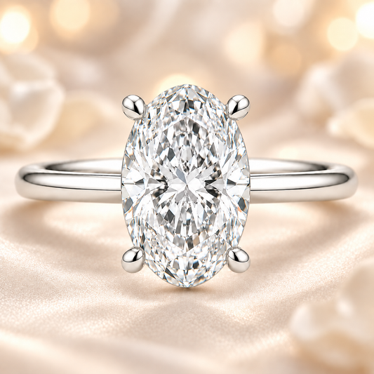 7×5 mm oval-cut Moissanite solitaire in white gold-plated 925 silver with palladium alloy—elegant, brilliant, and hypoallergenic. Available now at BSI Jewelry.