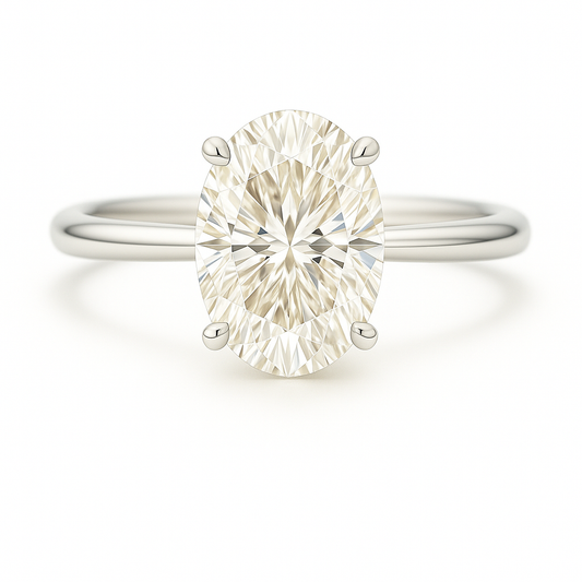 8×6 mm oval-cut Moissanite solitaire in white gold-plated 925 silver with palladium alloy—brilliant, elegant, and hypoallergenic. Available now at BSI Jewelry.