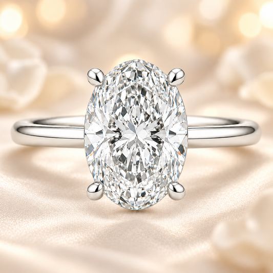 8×6 mm oval-cut Moissanite solitaire in white gold-plated 925 silver with palladium alloy—brilliant, elegant, and hypoallergenic. Available now at BSI Jewelry.