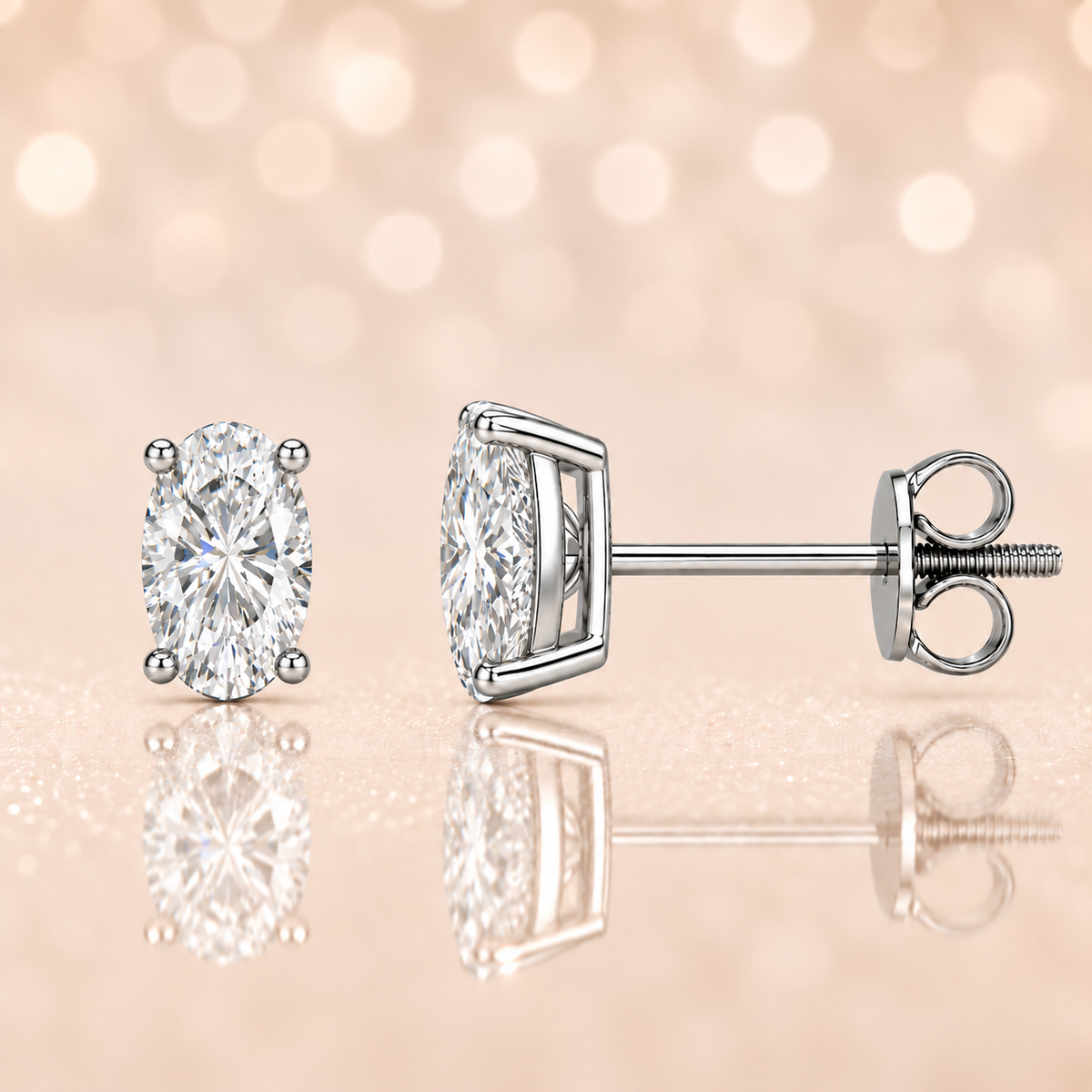 Timeless oval-cut Moissanite stud earrings in white-gold-plated 925 silver with palladium-added alloy and secure screw-back posts. Available now at BSI Jewelry.