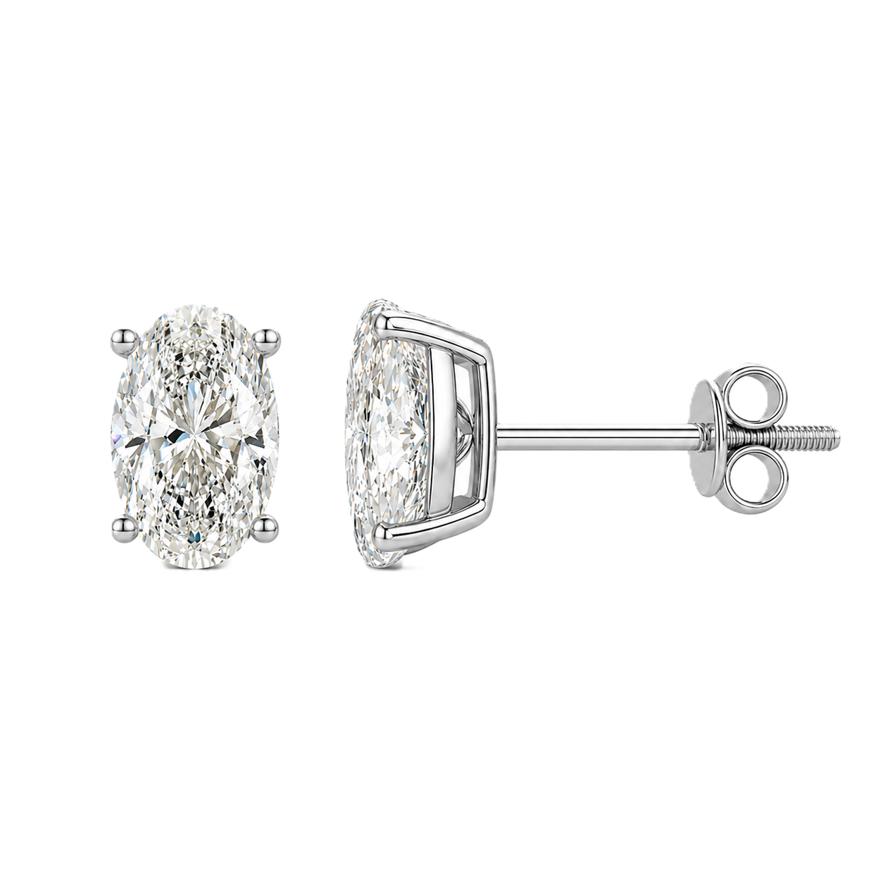 Timeless oval-cut Moissanite stud earrings in white-gold-plated 925 silver with palladium-added alloy and secure screw-back posts. Available now at BSI Jewelry.