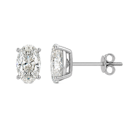 Timeless oval-cut Moissanite stud earrings in white-gold-plated 925 silver with palladium-added alloy and secure screw-back posts. Available now at BSI Jewelry.