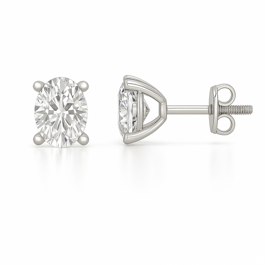 Timeless oval-cut Moissanite stud earrings in white-gold-plated 925 silver with palladium-added alloy and screw-back posts. Available now at BSI Jewelry.