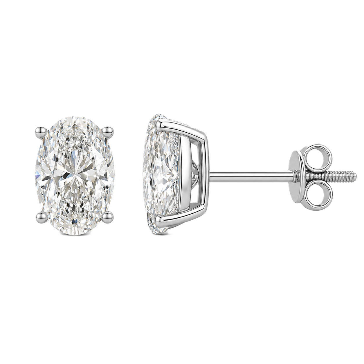 Timeless oval-cut Moissanite stud earrings in white-gold-plated 925 silver with palladium-added alloy and screw-back posts. Available now at BSI Jewelry.