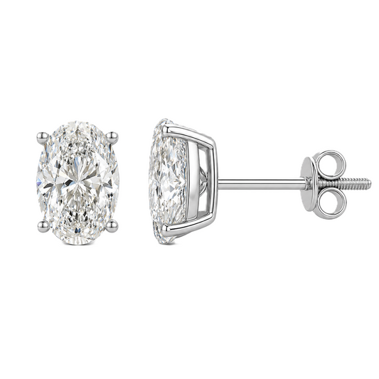 Timeless oval-cut Moissanite stud earrings in white-gold-plated 925 silver with palladium-added alloy and screw-back posts. Available now at BSI Jewelry.