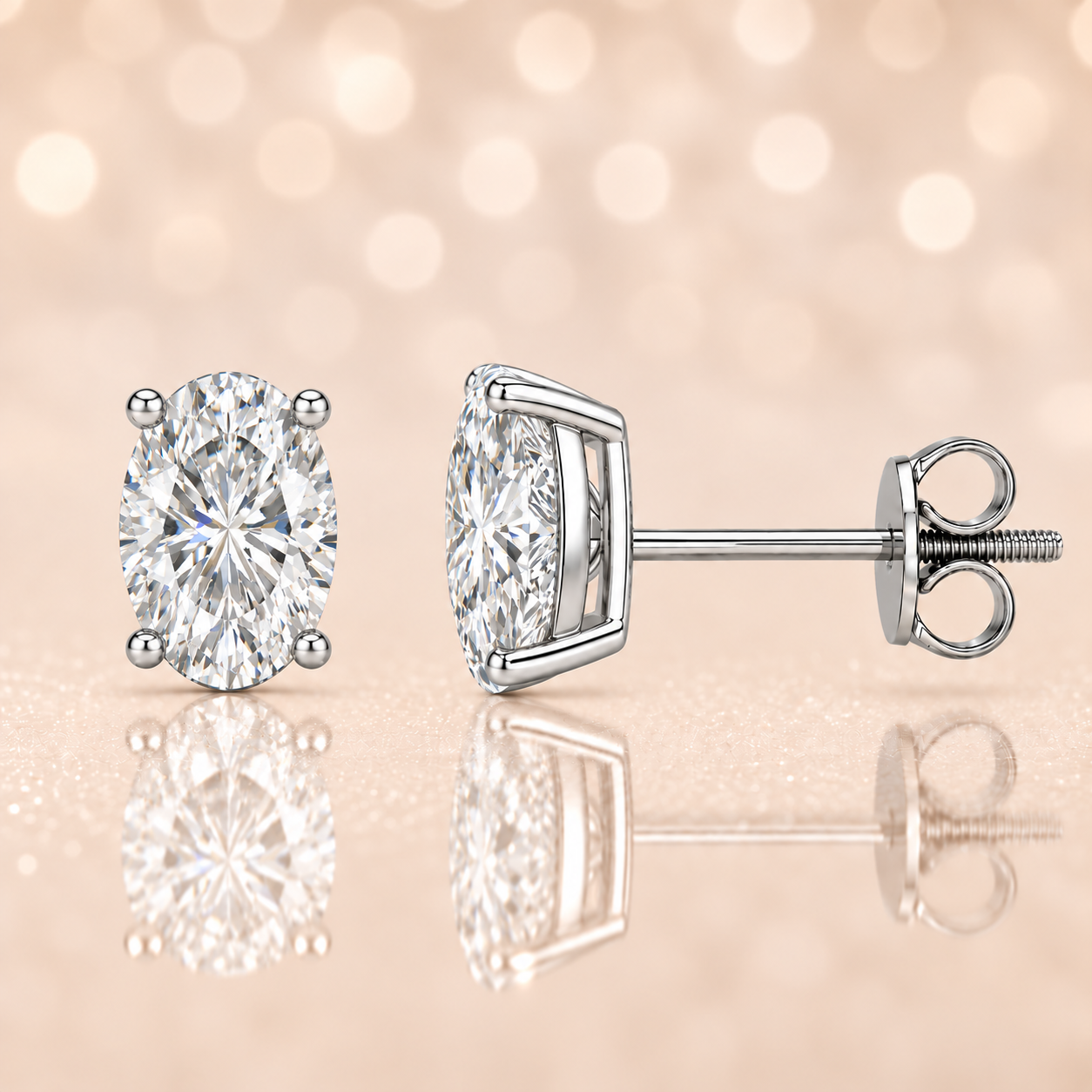 Timeless oval-cut Moissanite stud earrings in white-gold-plated 925 silver with palladium-added alloy and screw-back posts. Available now at BSI Jewelry.