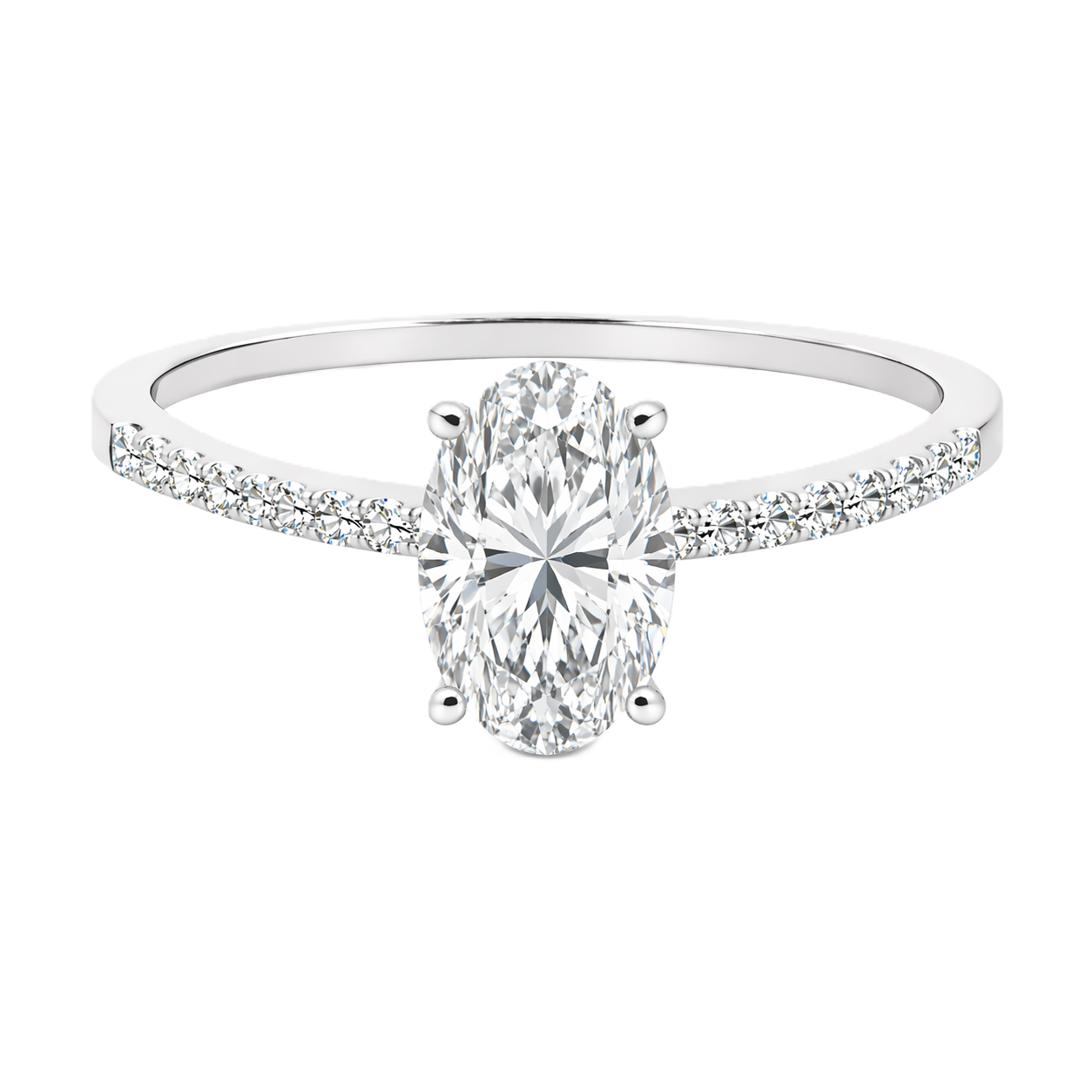 Moissanite oval ring with a 7×5 mm oval-cut stone, accented by moissanite in white gold-plated 925 silver. Elegant and timeless. Available now at BSI Jewelry.