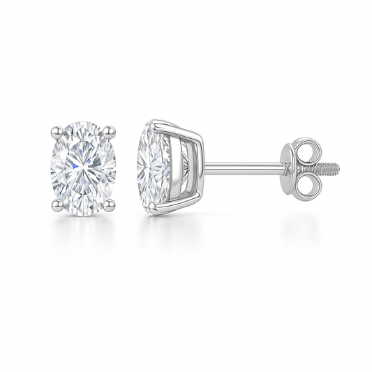 Moissanite oval stud earrings in 5×3 mm, crafted in white gold-plated 925 silver with screw-back posts. Safe for sensitive skin. Available now at BSI Jewelry.