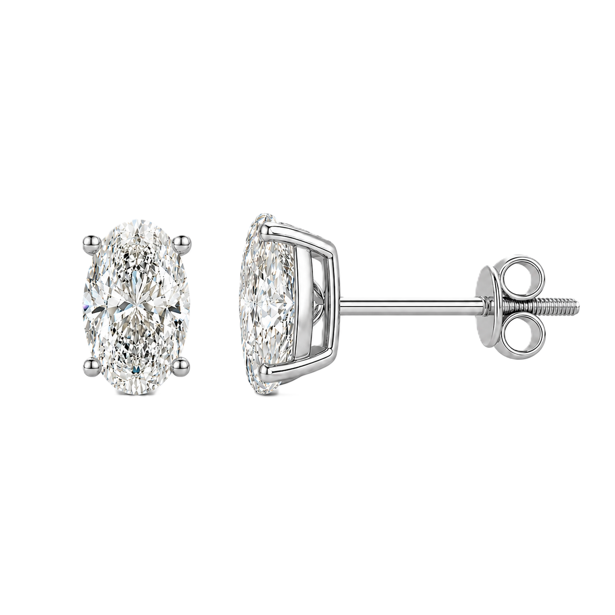 Moissanite oval stud earrings in 5×3 mm, crafted in white gold-plated 925 silver with screw-back posts. Safe for sensitive skin. Available now at BSI Jewelry.